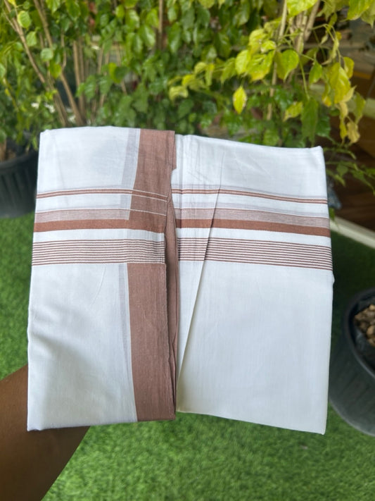 20% DISCOUNT! KaithariKada Balaramapuram 100% Cotton Double PURE white Mundu/Dhoti - 100x80 - 1.75 Inch Brown Striped Kara - 6KK5135GAN