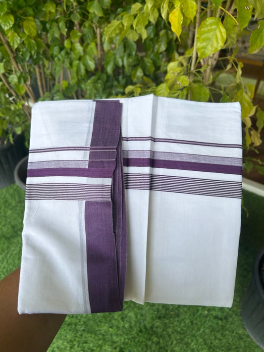 20% DISCOUNT! KaithariKada Balaramapuram 100% Cotton Double PURE white Mundu/Dhoti - 100x80 - 1.75 Inch Violet Striped Kara - 8KK5135GAN