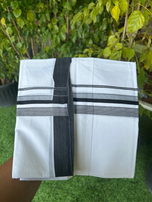 20% DISCOUNT! KaithariKada Balaramapuram 100% Cotton Double PURE white Mundu/Dhoti - 100x80 - 1.75 Inch Black Striped Kara - 9KK5135GAN