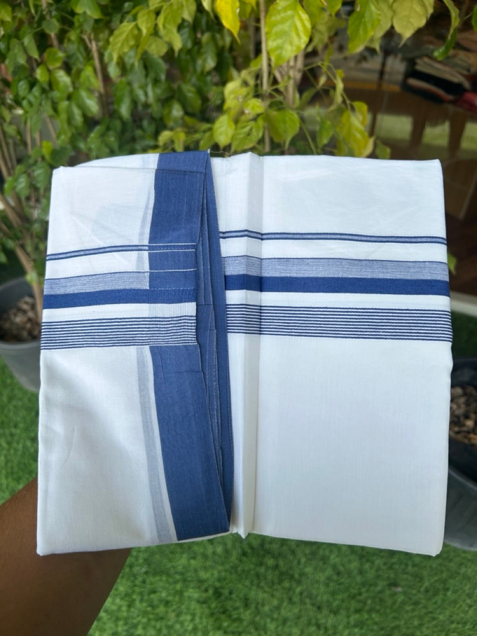 20% DISCOUNT! KaithariKada Balaramapuram 100% Cotton Double PURE white Mundu/Dhoti - 100x80 - 2 Inch Blue Striped Kara - 10KK5135GAN