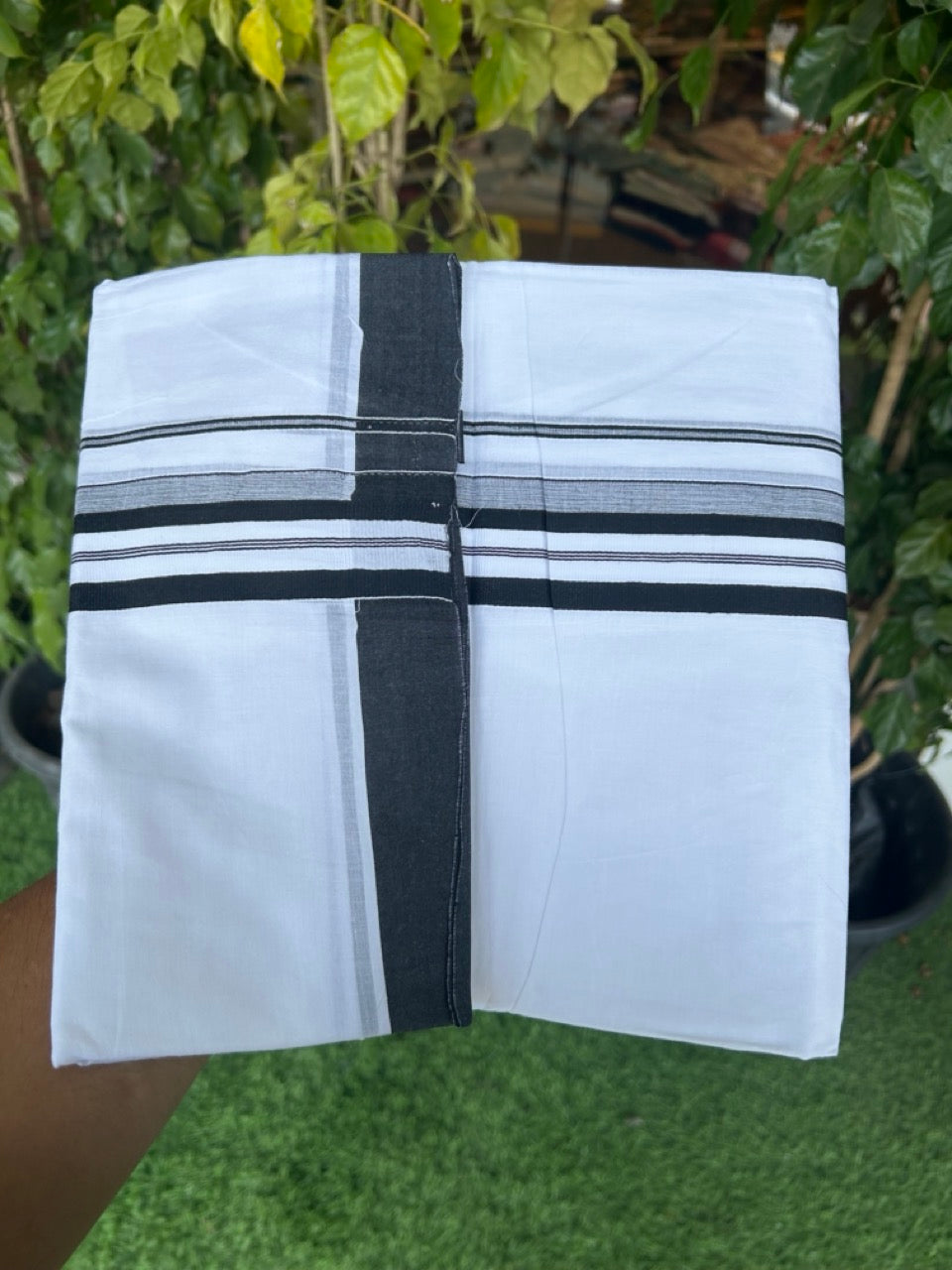 20% DISCOUNT! KaithariKada Balaramapuram 100% Cotton Double PURE white Mundu/Dhoti - 100x80 - 1.75 Inch Black & Shaded Striped Kara - 18KK5135GAN