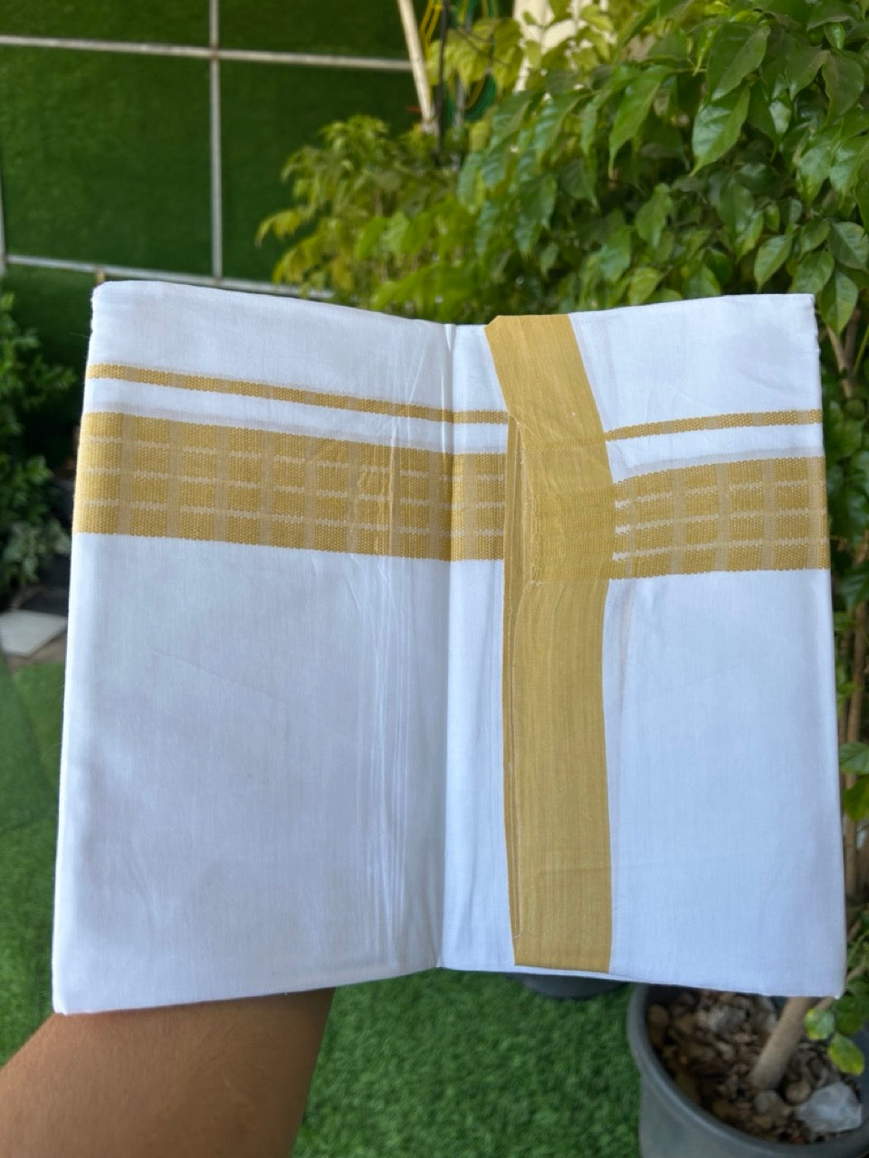 20% DISCOUNT! KaithariKada Balaramapuram Double PURE WHITE 100% Cotton Mundu/Dhoti - 100x80 - 1.5 inch Jacquard Mustard Yellow Check Kara - 35KK5139THI