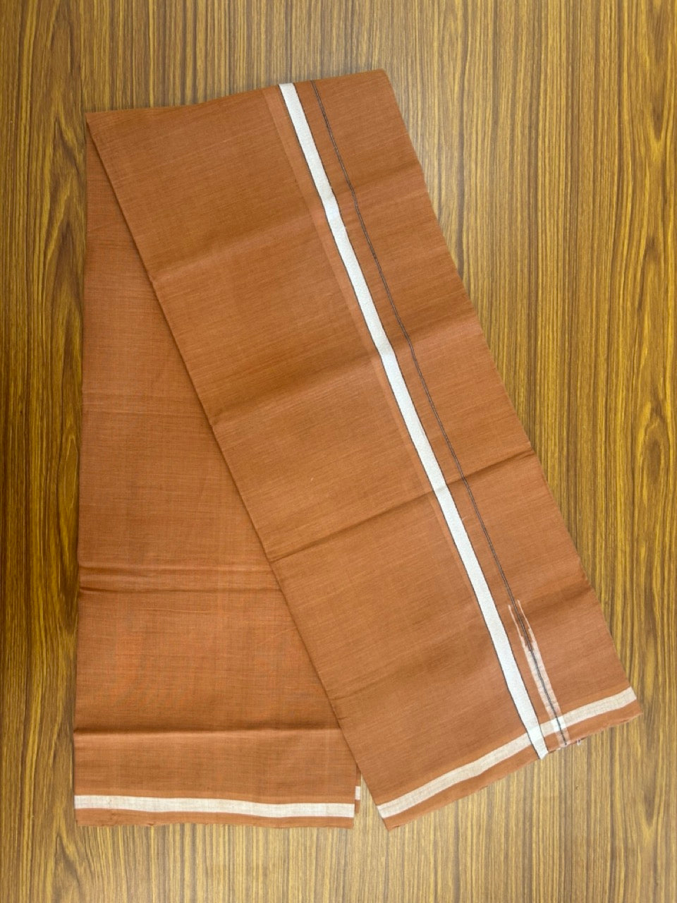 10% Discount !! KaithariKada 100% Pure Cotton - HANDLOOM Single Mundu/Dhoti  KAVI Brown COLOUR BODY & 0.5 inch Puliyilakkara White Black Chutty Kara- 1KK8015EL