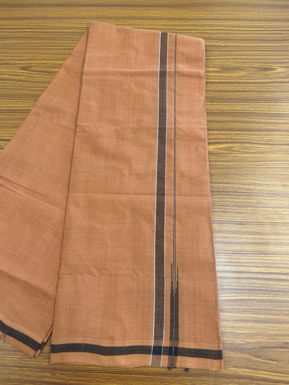 10% Discount !! KaithariKada 100% Pure Cotton - HANDLOOM Single Mundu/Dhoti  KAVI Brown COLOUR BODY & 1.5 cm Puliyilakkara Black Shaded Chutty Kara- 3KK8015EL