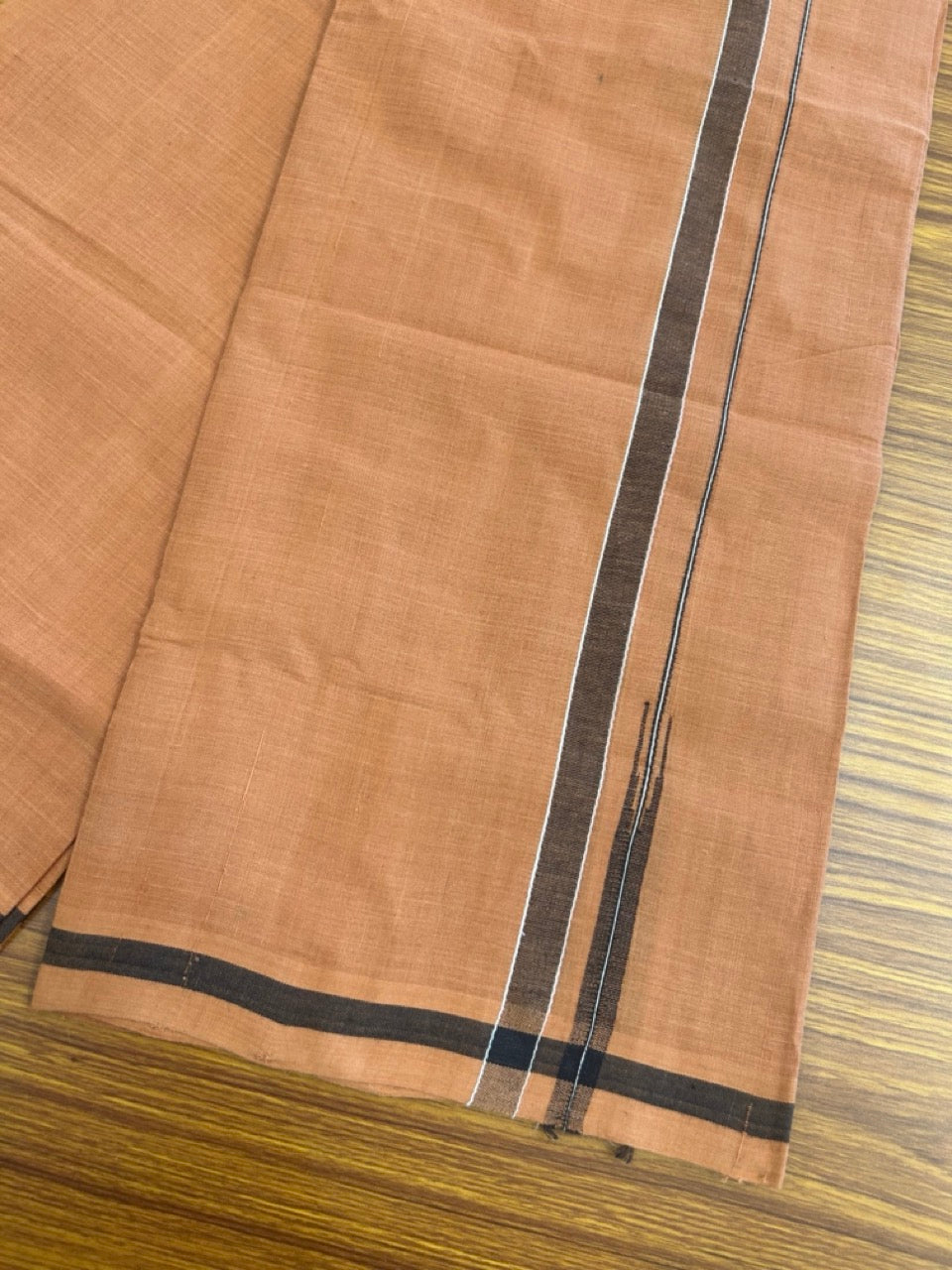 10% Discount !! KaithariKada 100% Pure Cotton - HANDLOOM Single Mundu/Dhoti  KAVI Brown COLOUR BODY & 1.5 cm Puliyilakkara Black Shaded Chutty Kara- 3KK8015EL