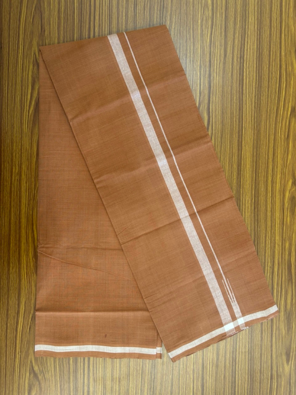 10% Discount !! KaithariKada 100% Pure Cotton - HANDLOOM Single Mundu/Dhoti  KAVI Brown COLOUR BODY & 0.75 inch Puliyilakkara White Shaded Chutty Kara- 4KK8015EL