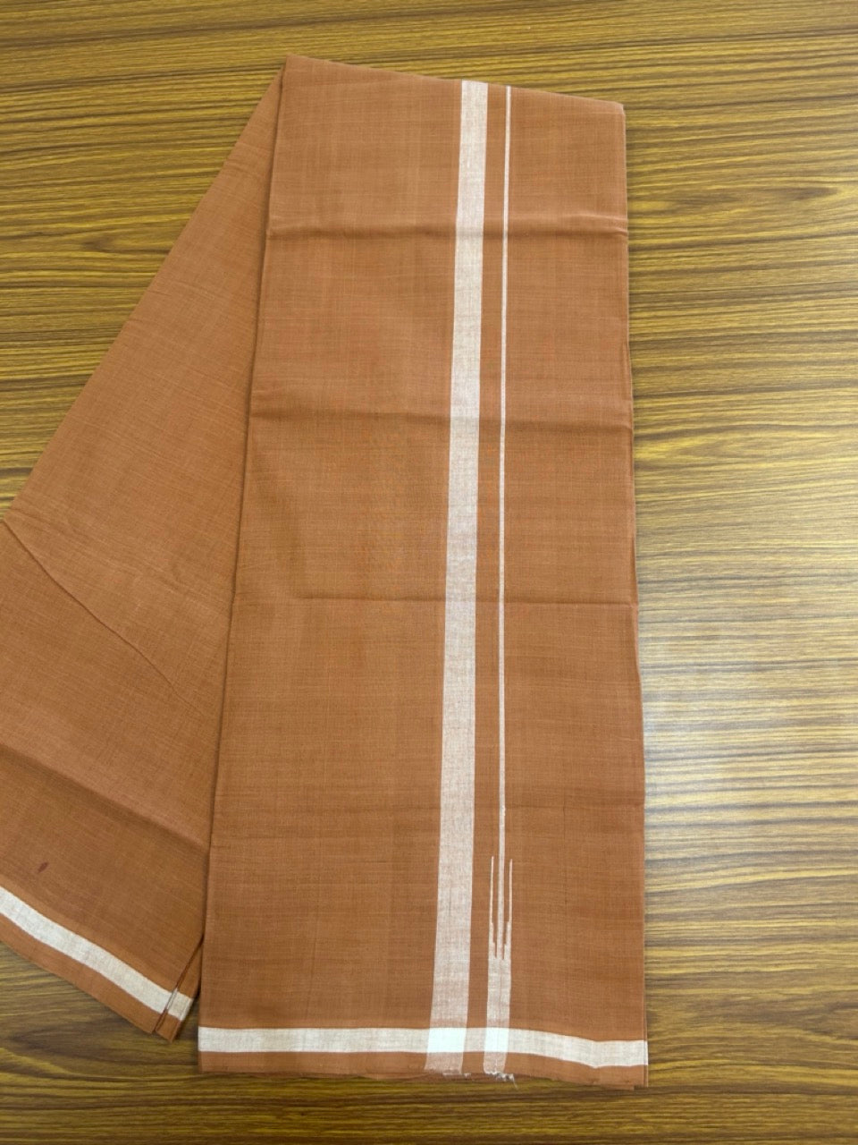 10% Discount !! KaithariKada 100% Pure Cotton - HANDLOOM Single Mundu/Dhoti  KAVI Brown COLOUR BODY & 0.75 inch Puliyilakkara White Shaded Chutty Kara- 4KK8015EL