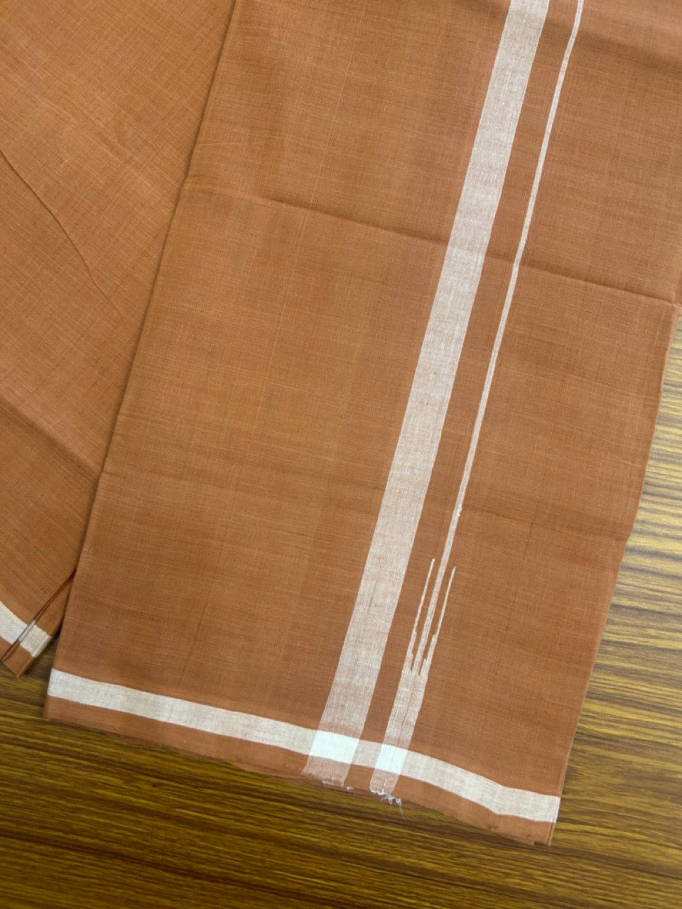 10% Discount !! KaithariKada 100% Pure Cotton - HANDLOOM Single Mundu/Dhoti  KAVI Brown COLOUR BODY & 0.75 inch Puliyilakkara White Shaded Chutty Kara- 4KK8015EL