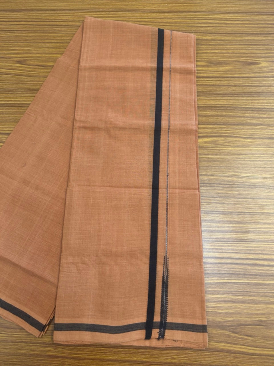 10% Discount !! KaithariKada 100% Pure Cotton - HANDLOOM Single Mundu/Dhoti  KAVI Brown COLOUR BODY & 0.5 inch Puliyilakkara Black Chutty Kara- 5KK8015EL