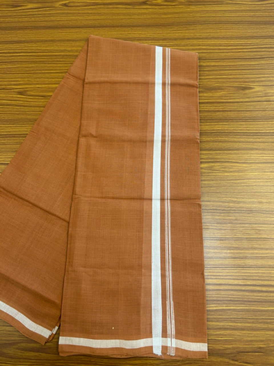 10% Discount !! KaithariKada 100% Pure Cotton - HANDLOOM Single Mundu/Dhoti  KAVI Brown COLOUR BODY & 1.5 cm Puliyilakkara White Chutty Kara- 11KK8015EL