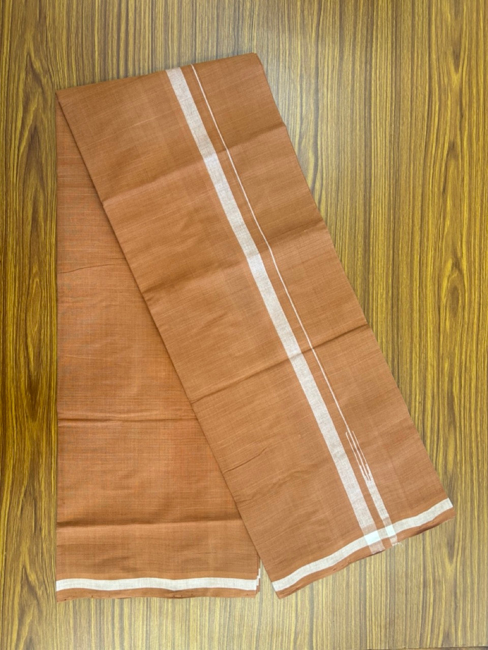 10% Discount !! KaithariKada 100% Pure Cotton - HANDLOOM Single Mundu/Dhoti  KAVI Brown COLOUR BODY & 0.75 inch Puliyilakkara White Shaded Chutty Kara- 12KK8015EL