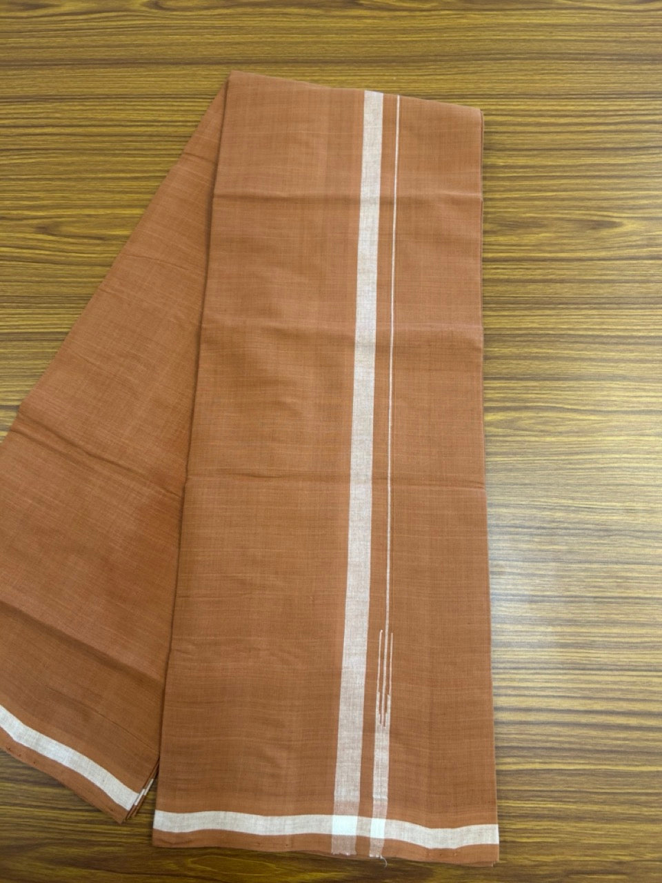 10% Discount !! KaithariKada 100% Pure Cotton - HANDLOOM Single Mundu/Dhoti  KAVI Brown COLOUR BODY & 0.75 inch Puliyilakkara White Shaded Chutty Kara- 12KK8015EL