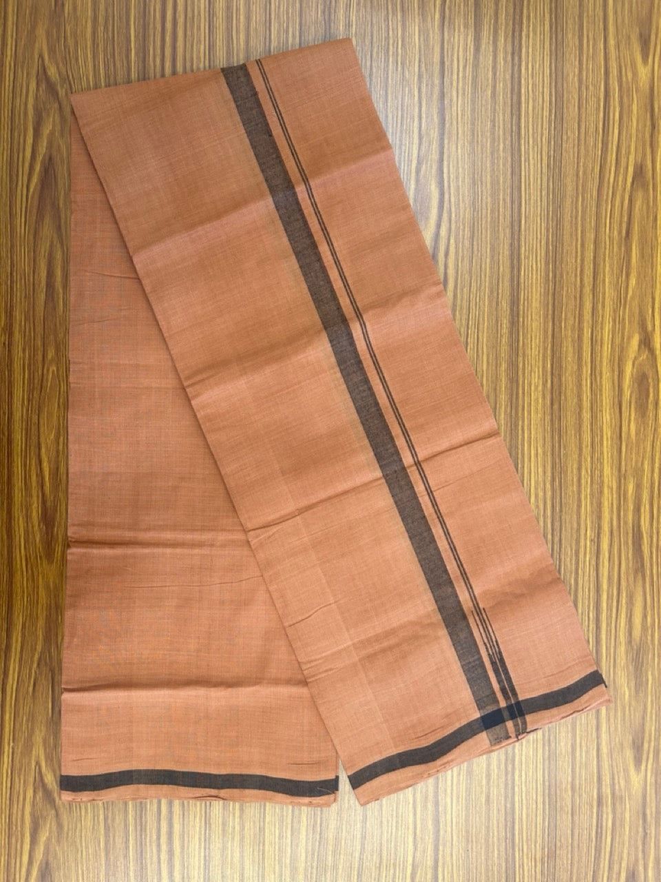 10%Discount !! KaithariKada 100% Pure Cotton - HANDLOOM Single Mundu/Dhoti  KAVI Brown COLOUR BODY & 0.75 inch Puliyilakkara Black Shaded Chutty Kara- 13KK8015EL