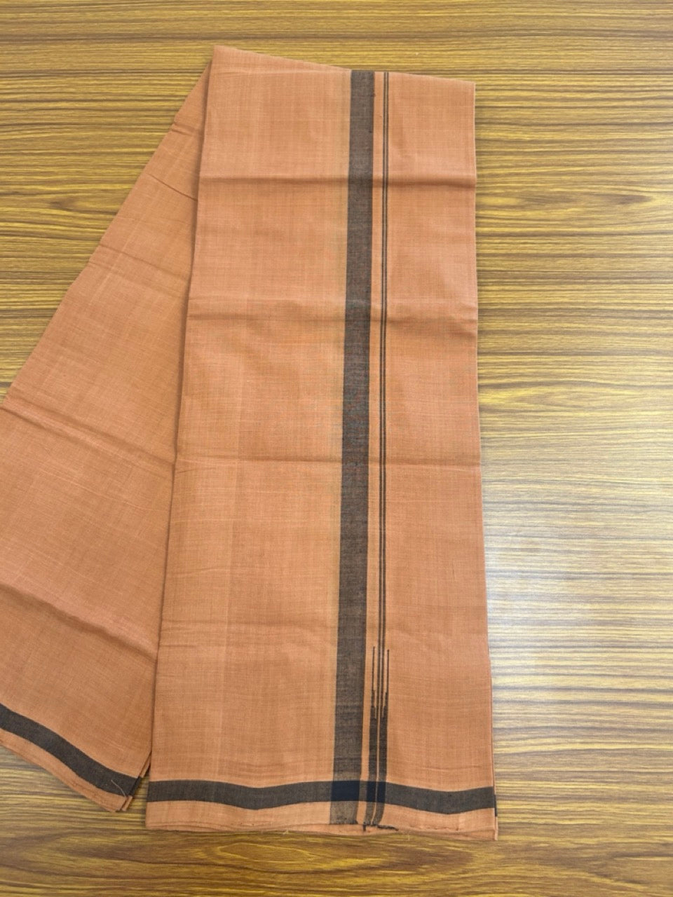 10%Discount !! KaithariKada 100% Pure Cotton - HANDLOOM Single Mundu/Dhoti  KAVI Brown COLOUR BODY & 0.75 inch Puliyilakkara Black Shaded Chutty Kara- 13KK8015EL