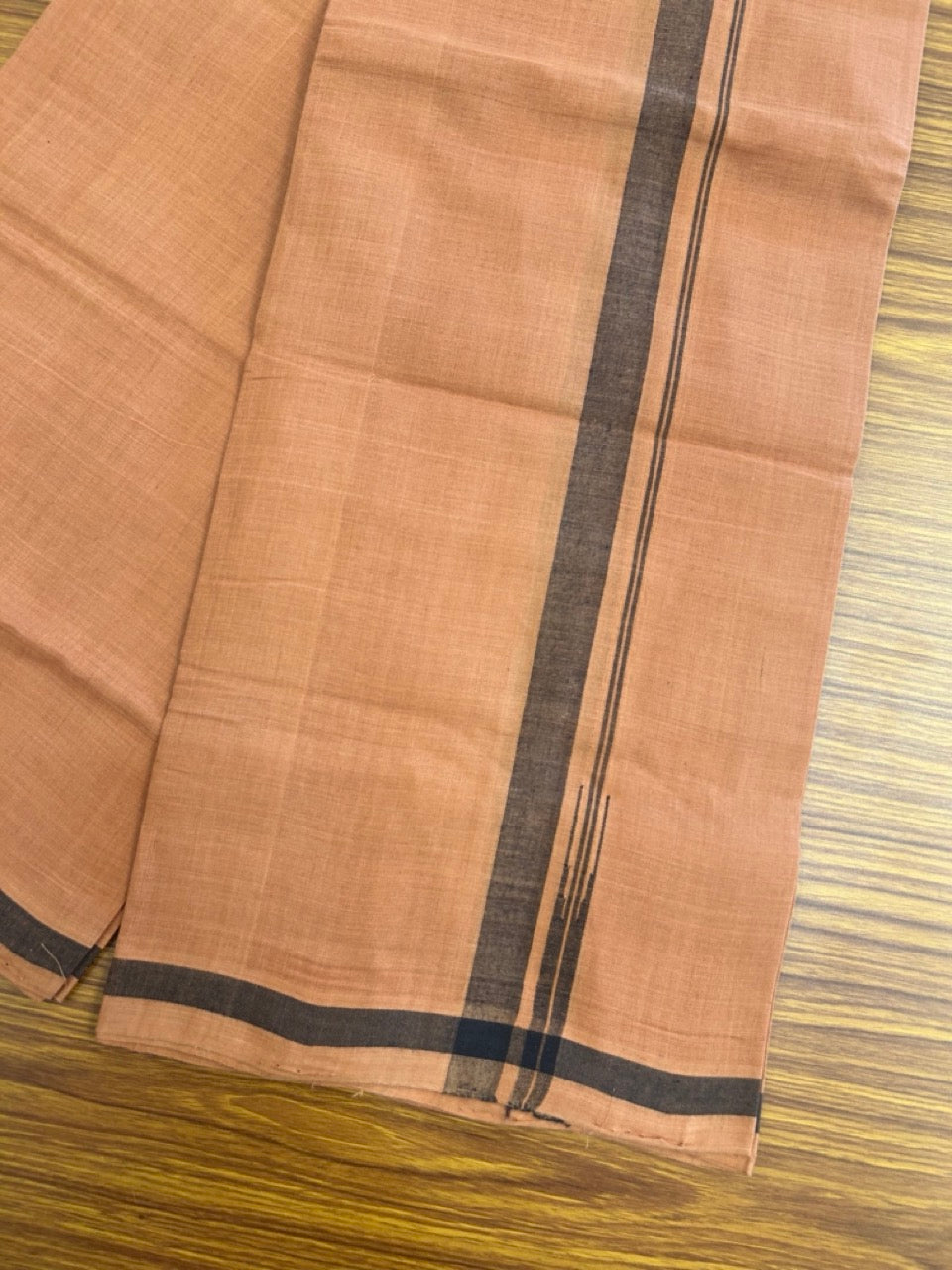 10%Discount !! KaithariKada 100% Pure Cotton - HANDLOOM Single Mundu/Dhoti  KAVI Brown COLOUR BODY & 0.75 inch Puliyilakkara Black Shaded Chutty Kara- 13KK8015EL