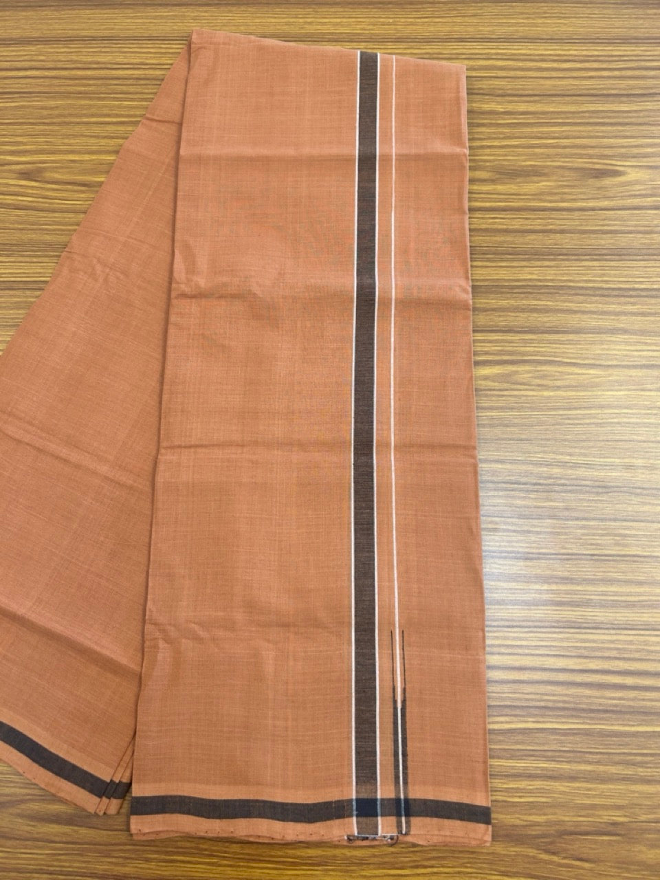 10% Discount !! KaithariKada 100% Pure Cotton - HANDLOOM Single Mundu/Dhoti  KAVI Brown COLOUR BODY & 0.75 inch Puliyilakkara Black Shaded Chutty Kara- 15KK8015EL