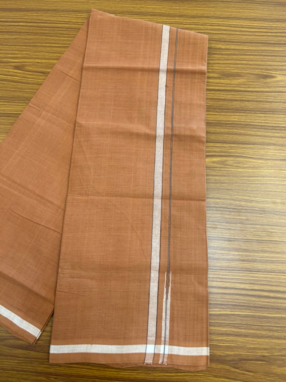 10% Discount !! KaithariKada 100% Pure Cotton - HANDLOOM Single Mundu/Dhoti  KAVI Brown COLOUR BODY & 1.5 cm Puliyilakkara Black White Shaded Chutty Kara- 16KK8015EL