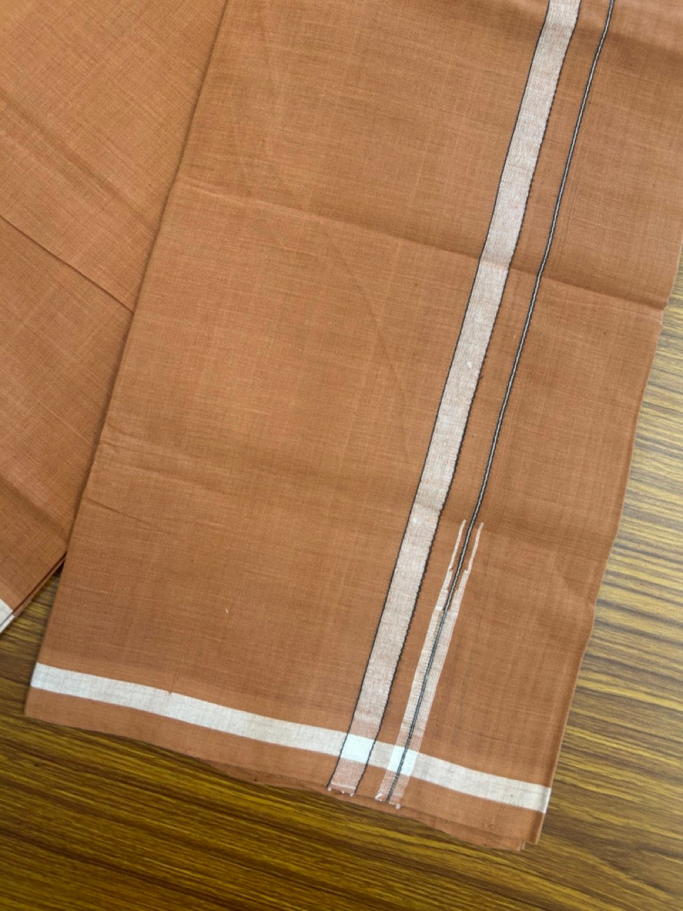 10% Discount !! KaithariKada 100% Pure Cotton - HANDLOOM Single Mundu/Dhoti  KAVI Brown COLOUR BODY & 1.5 cm Puliyilakkara Black White Shaded Chutty Kara- 16KK8015EL