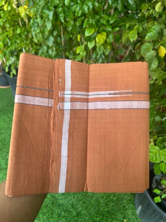 10% Discount !! KaithariKada 100% Pure Cotton - HANDLOOM Single Mundu/Dhoti  KAVI Brown COLOUR BODY & 1.5 cm Puliyilakkara Black White Shaded Chutty Kara- 16KK8015EL