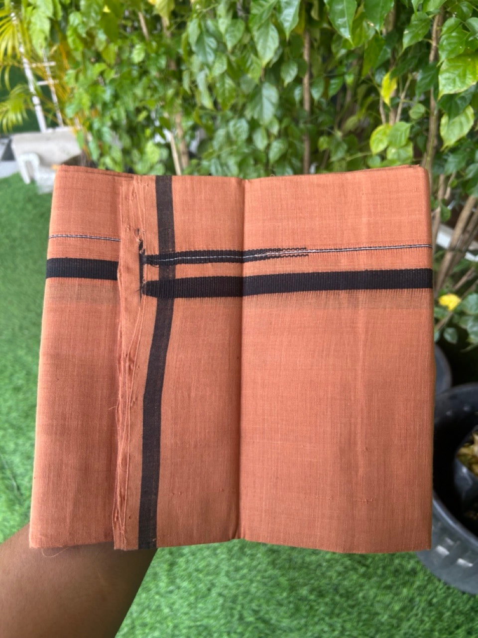 10% Discount !! KaithariKada 100% Pure Cotton - HANDLOOM Single Mundu/Dhoti  KAVI Brown COLOUR BODY & 0.5 inch Puliyilakkara Black Chutty Kara- 5KK8015EL