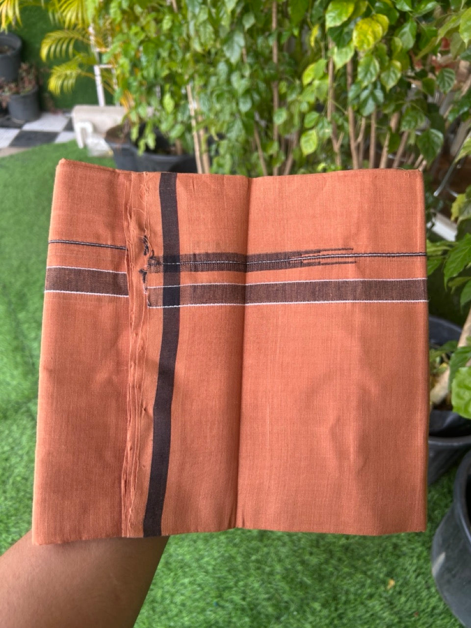 10% Discount !! KaithariKada 100% Pure Cotton - HANDLOOM Single Mundu/Dhoti  KAVI Brown COLOUR BODY & 1.5 cm Puliyilakkara Black Shaded Chutty Kara- 3KK8015EL