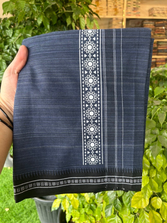 18% Discount!!! Kaitharikada Pure Cotton - Single Kaily / Lungi -  3 inch Printed kara with White & Navy Blue colour body Kuppadam Border (2 meter / 4 muzham) - 6KK8016AS