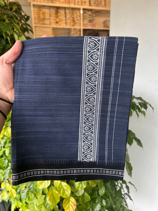 18% Discount!!! Kaitharikada Pure Cotton - Single Kaily / Lungi -  3.25 inch Printed kara with White & Navy Blue colour body Kuppadam Border (2 meter / 4 muzham) - 5KK8016AS