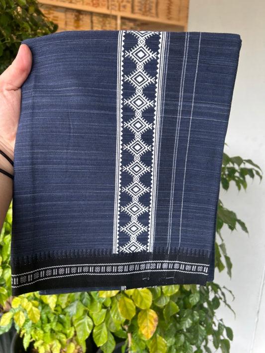 18% Discount!!! Kaitharikada Pure Cotton - Single Kaily / Lungi -  3.5 inch Printed kara with White & Navy Blue colour body Kuppadam Border (2 meter / 4 muzham) - 4KK8016AS