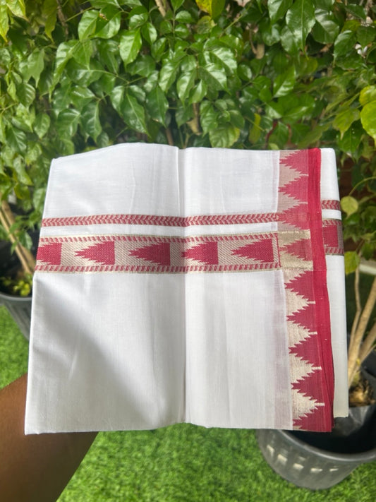 20% DISCOUNT! KaithariKada Balaramapuram 100% Cotton Double PURE white Mundu/Dhoti - 100x80 - 1.25 Inch Magenta Red & Silver kasavu Temple Design Kara - 4KK5147PMC