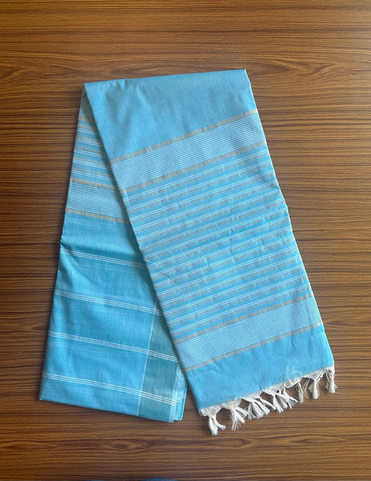 28% Discount!  Kerala Colour Cotton Saree - Sky blue with kasavu & white stripes - Kaitharikada - 1KK1000PAN