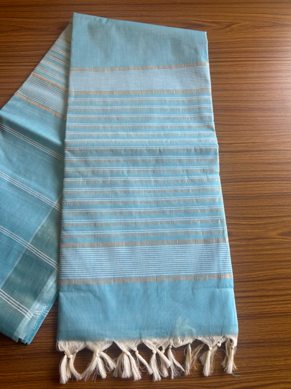 28% Discount!  Kerala Colour Cotton Saree - Sky blue with kasavu & white stripes - Kaitharikada - 1KK1000PAN