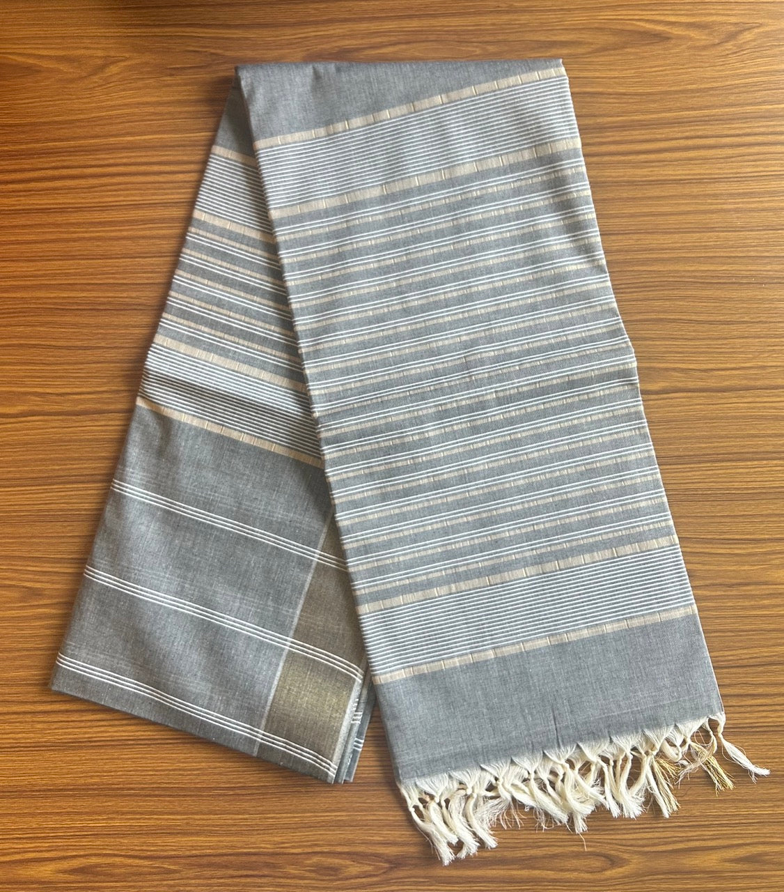 28% Discount!  Kerala Colour Cotton Saree - Ash gray with kasavu & white stripes - Kaitharikada - 2KK1000PAN