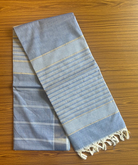 28% Discount!  Kerala Colour Cotton Saree - Blue with kasavu & white stripes - Kaitharikada - 4KK1000PAN