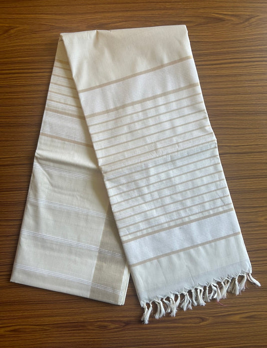 28% Discount!  Kerala Colour Cotton Saree - Cream with kasavu & white stripes - Kaitharikada - 5KK1000PAN