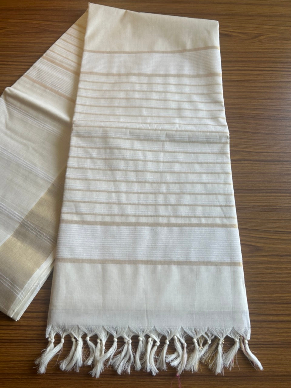 28% Discount!  Kerala Colour Cotton Saree - Cream with kasavu & white stripes - Kaitharikada - 5KK1000PAN