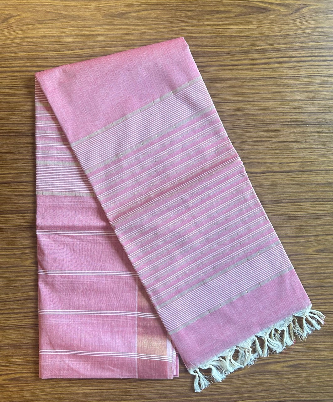 28% Discount!  Kerala Colour Cotton Saree - Pinkish Red with kasavu & white stripes - Kaitharikada - 6KK1000PAN