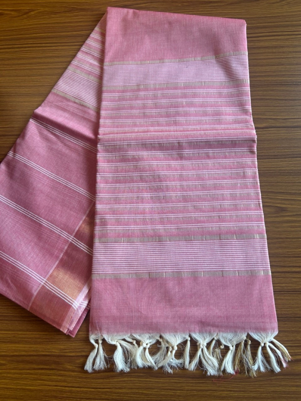 28% Discount!  Kerala Colour Cotton Saree - Pinkish Red with kasavu & white stripes - Kaitharikada - 6KK1000PAN