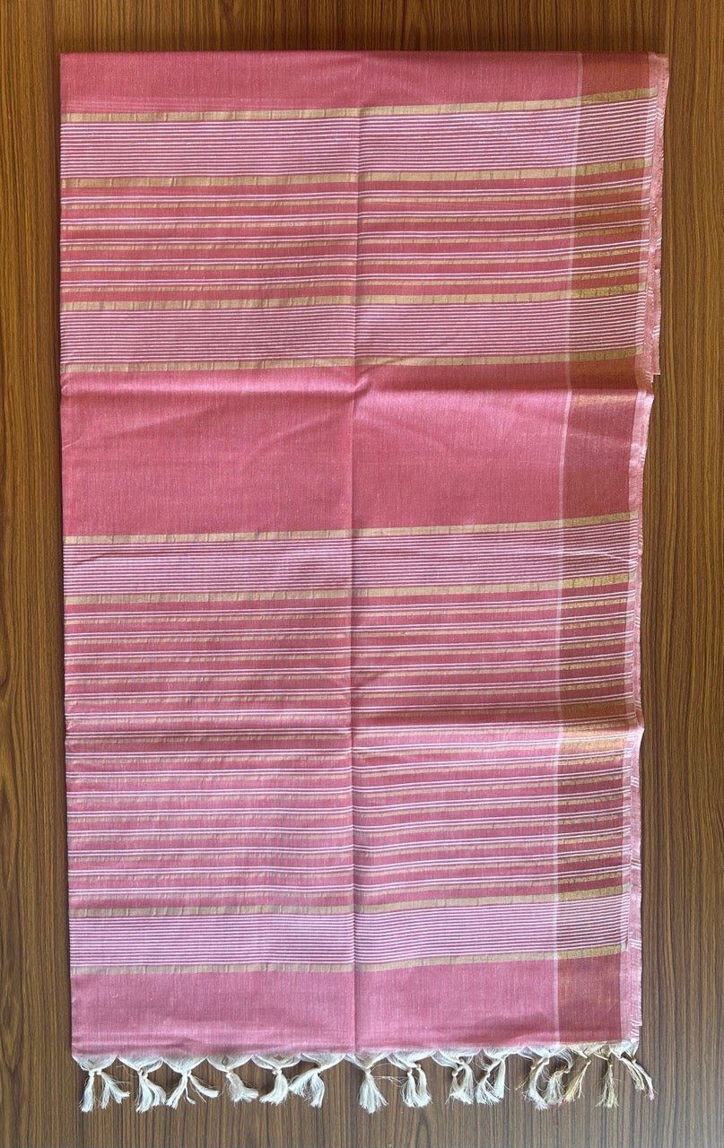 28% Discount!  Kerala Colour Cotton Saree - Pinkish Red with kasavu & white stripes - Kaitharikada - 6KK1000PAN