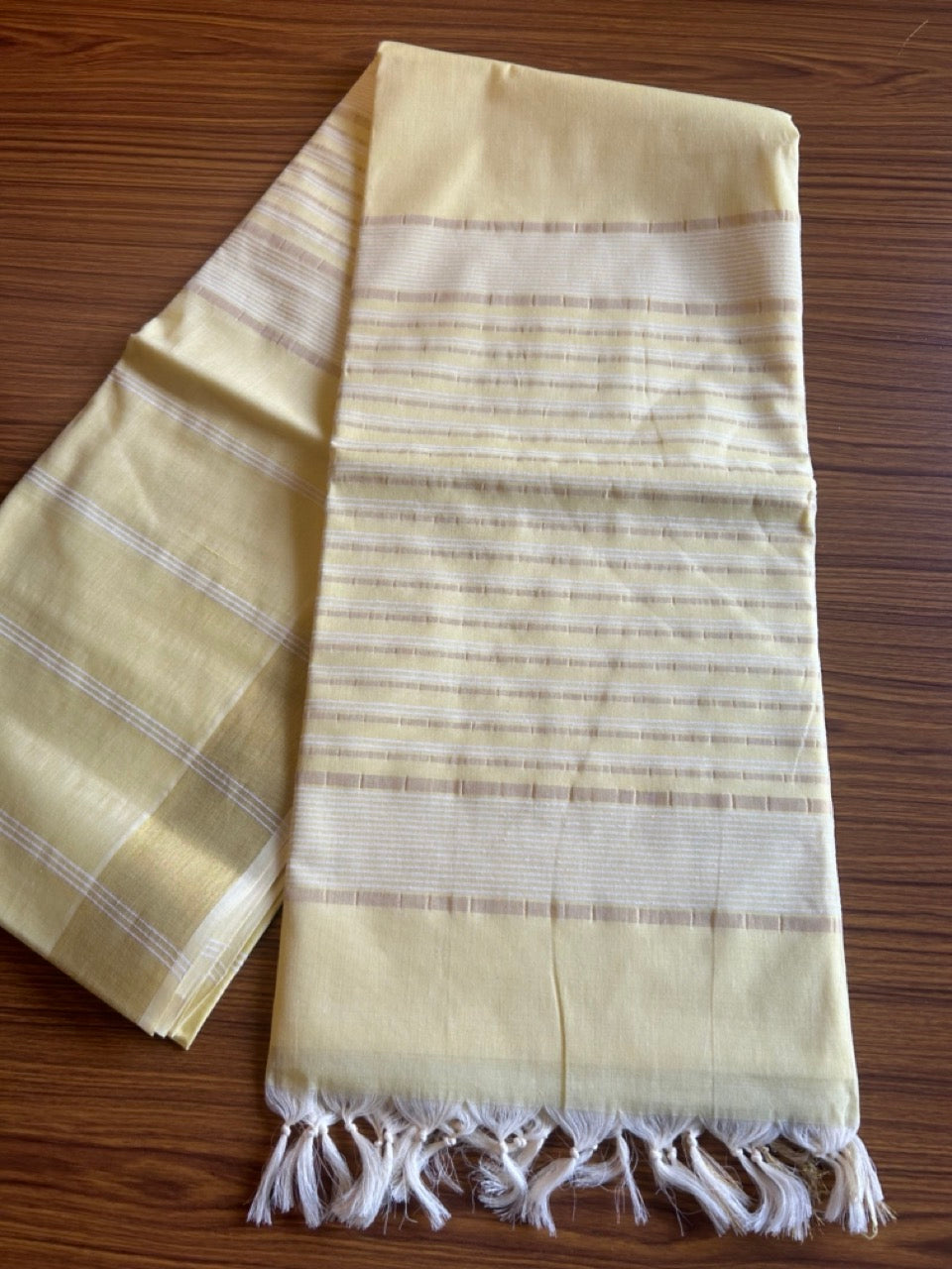 28% Discount!  Kerala Colour Cotton Saree - Yellow with kasavu & white stripes - Kaitharikada - 7KK1000PAN