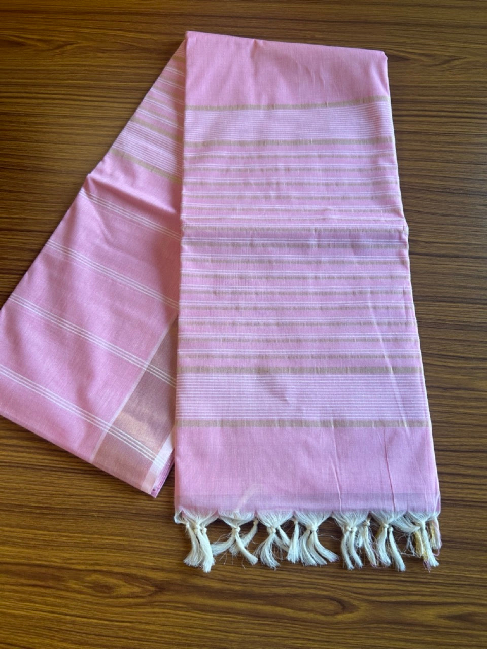 28% Discount!  Kerala Colour Cotton Saree - Pink with kasavu & white stripes - Kaitharikada - 8KK1000PAN