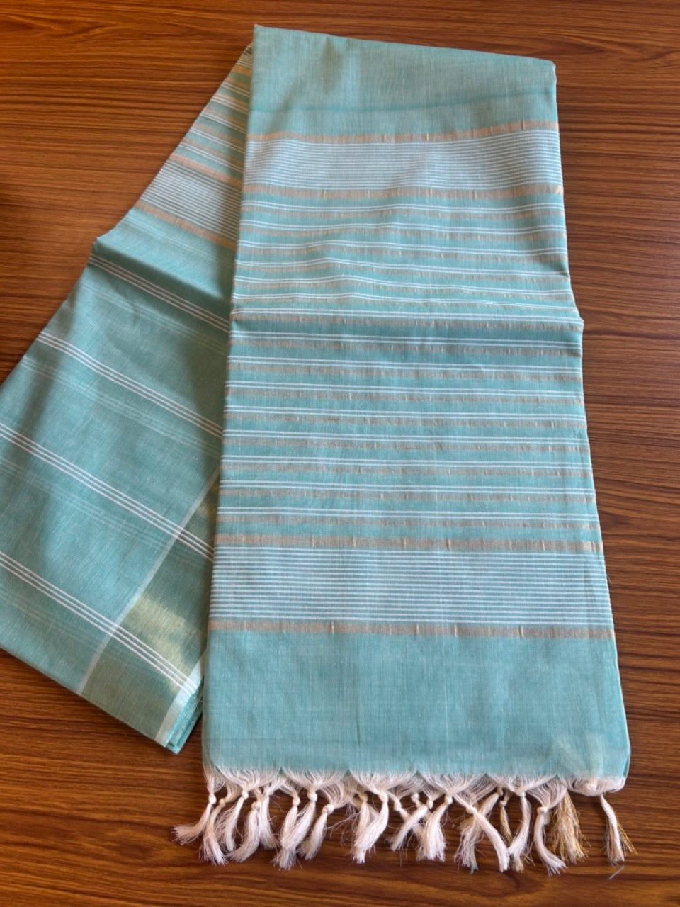 28% Discount!  Kerala Colour Cotton Saree - Pista Green with kasavu & white stripes - Kaitharikada - 9KK1000PAN