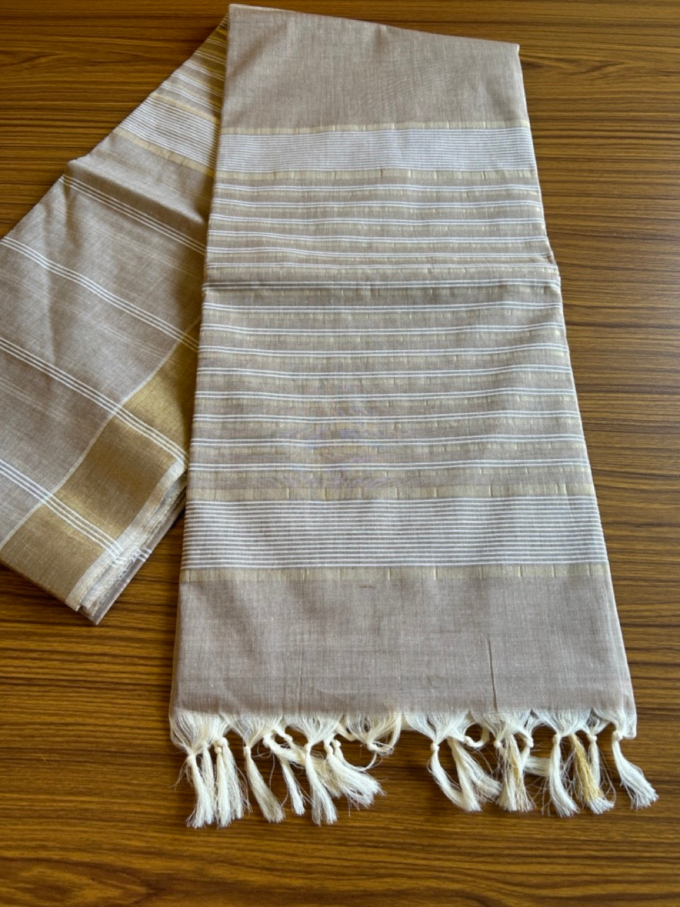 28% Discount!  Kerala Colour Cotton Saree - Light Brown with kasavu & white stripes - Kaitharikada - 11KK1000PAN