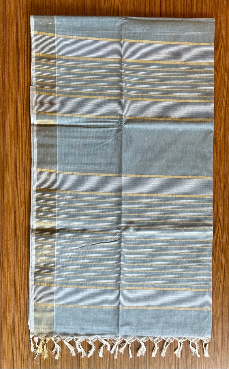 28% Discount!  Kerala Colour Cotton Saree - Blue with kasavu & white stripes - Kaitharikada - 15KK1000PAN