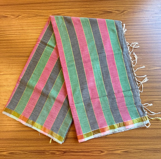 KaithariKada- HANDLOOM UNAKKUPAAV Balaramapuram  Saree - 100% PURE Cotton -Dark Pink, Navy Blue and Green Striped Design - 1KK1001UDA