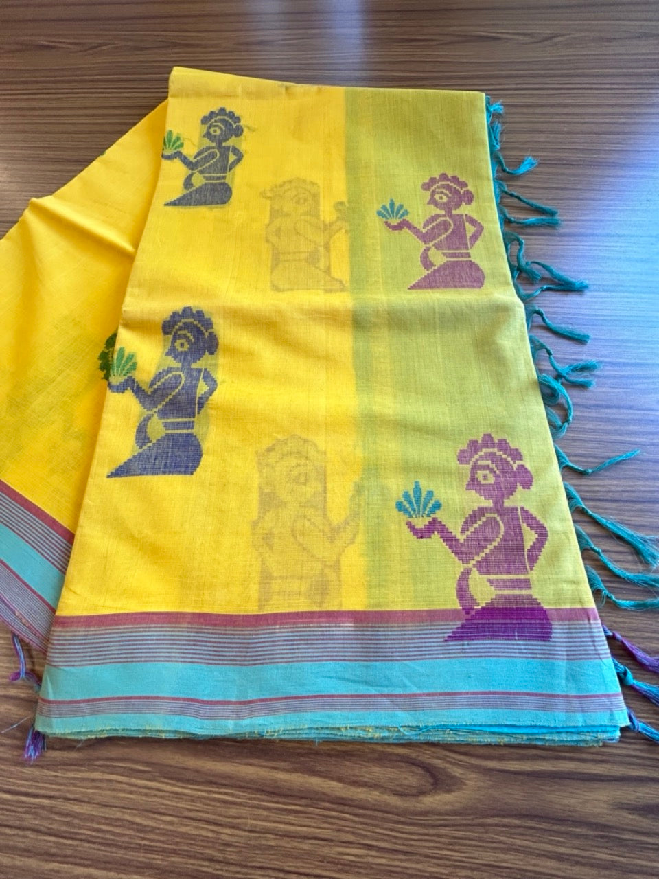 KaithariKada- HANDLOOM UNAKKUPAAV Balaramapuram  Saree - 100% PURE Cotton - Yellow, Red & Light Green Design - 3KK1002KHA