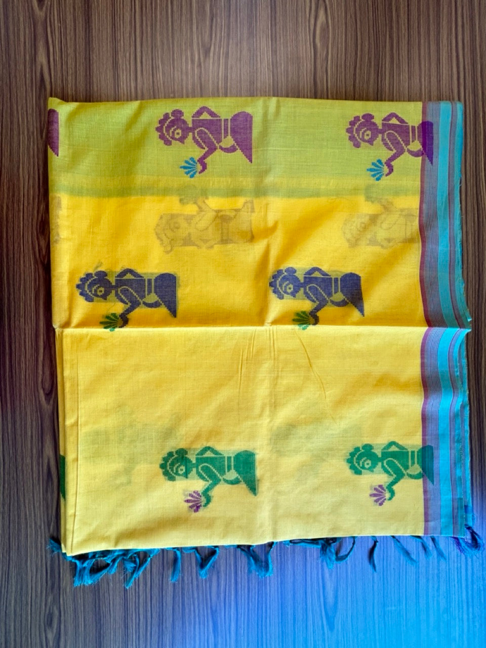 KaithariKada- HANDLOOM UNAKKUPAAV Balaramapuram  Saree - 100% PURE Cotton - Yellow, Red & Light Green Design - 3KK1002KHA