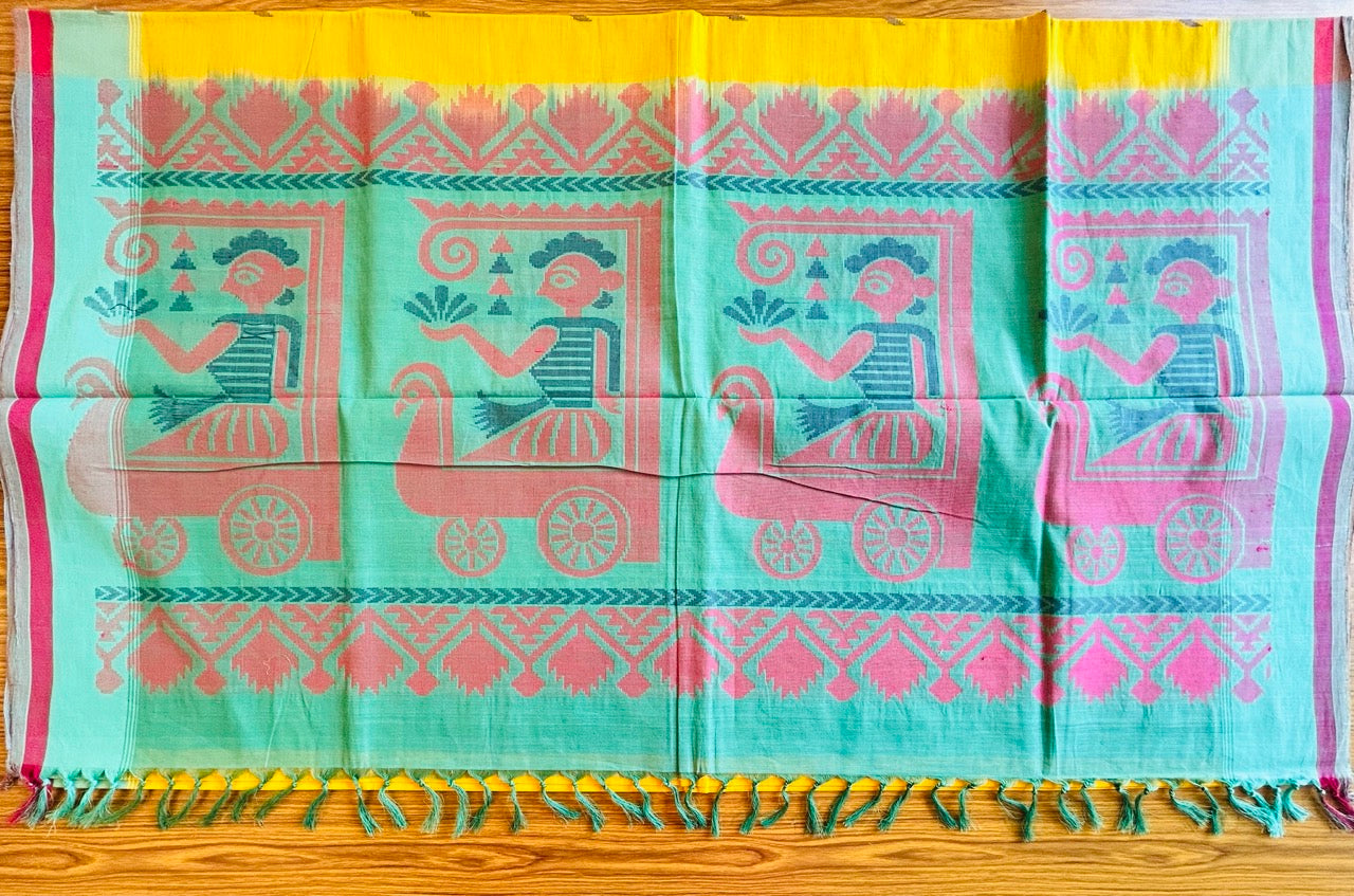 KaithariKada- HANDLOOM UNAKKUPAAV Balaramapuram  Saree - 100% PURE Cotton - Yellow, Red & Green Design - 4KK1002KHA