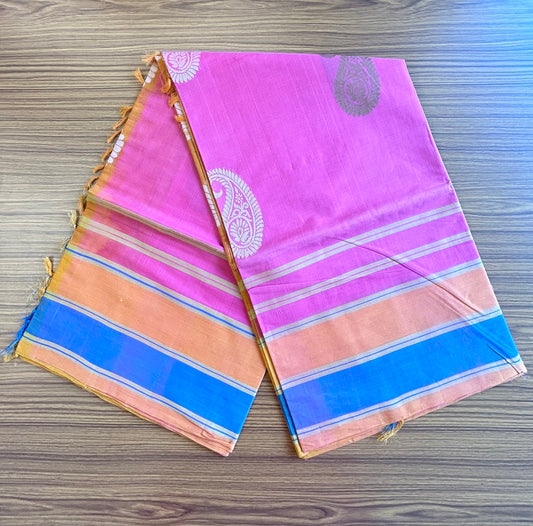 KaithariKada- HANDLOOM UNAKKUPAAV Balaramapuram  Saree - 100% PURE Cotton - Orange, Blue & Pink Design - 6KK1003VH