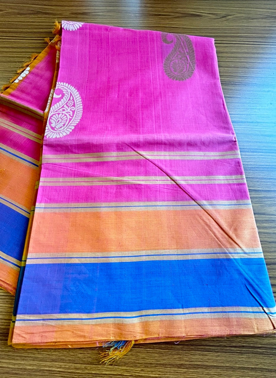 KaithariKada- HANDLOOM UNAKKUPAAV Balaramapuram  Saree - 100% PURE Cotton - Orange, Blue & Pink Design - 6KK1003VH