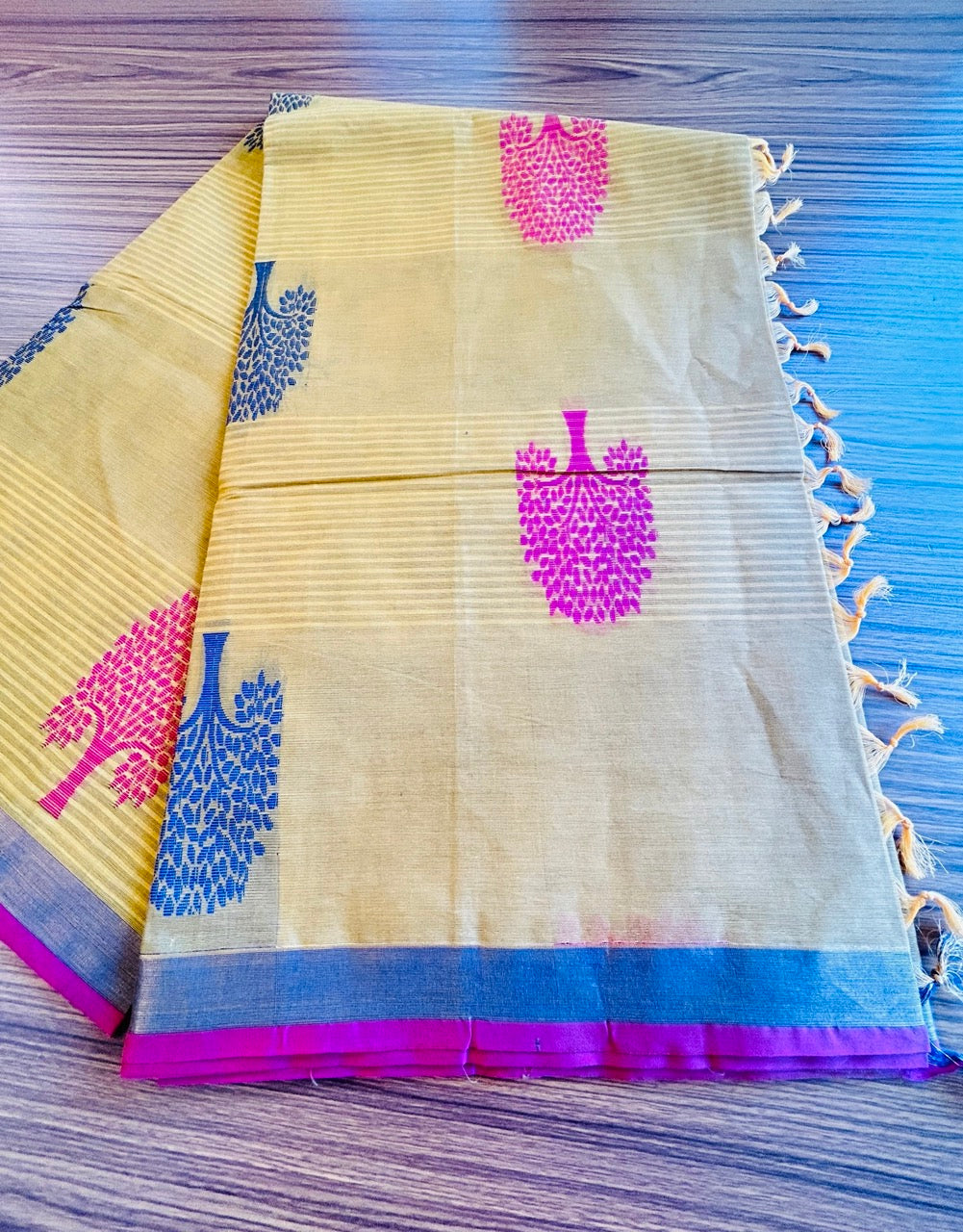 KaithariKada- Balaramapuram  Saree - 100% PURE Cotton - Yellow, Maroon & Navy Blue Design - 13KK1004RJ